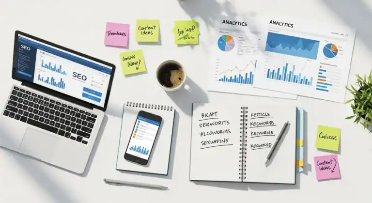 SEO analytics dashboard on laptop. Keyword research, charts, and content ideas on desk.